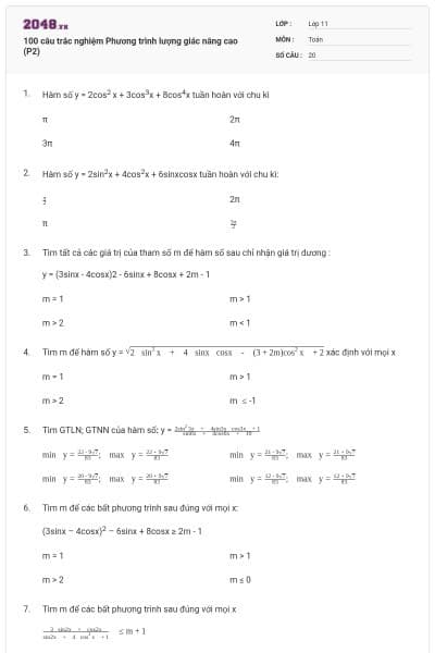 100 câu trắc nghiệm Phương trình lượng giác nâng cao (P2)