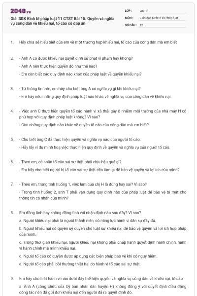 Giải SGK Kinh tế pháp luật 11 CTST Bài 15. Quyền và nghĩa vụ công dân về khiếu nại, tố cáo có đáp án