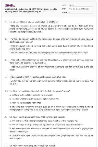 Giải SGK Kinh tế pháp luật 11 CTST Bài 16. Quyền và nghĩa vụ công dân về bảo vệ tổ quốc có đáp án