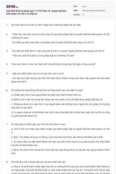 Giải SGK Kinh tế pháp luật 11 CTST Bài 18. Quyền bất khả xâm phạm về chỗ ở có đáp án