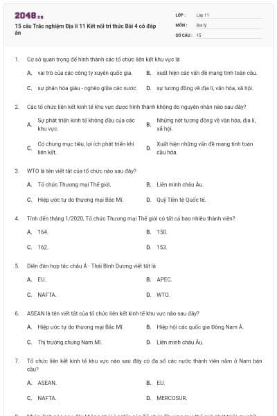 15 câu Trắc nghiệm Địa lí 11 Kết nối tri thức Bài 4 có đáp án