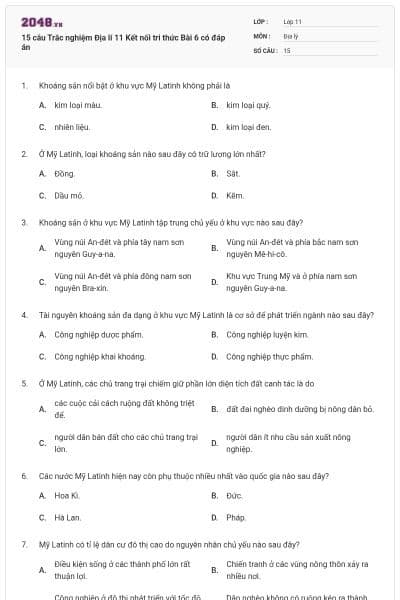 15 câu Trắc nghiệm Địa lí 11 Kết nối tri thức Bài 6 có đáp án