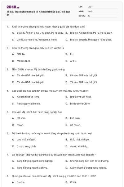15 câu Trắc nghiệm Địa lí 11 Kết nối tri thức Bài 7 có đáp án