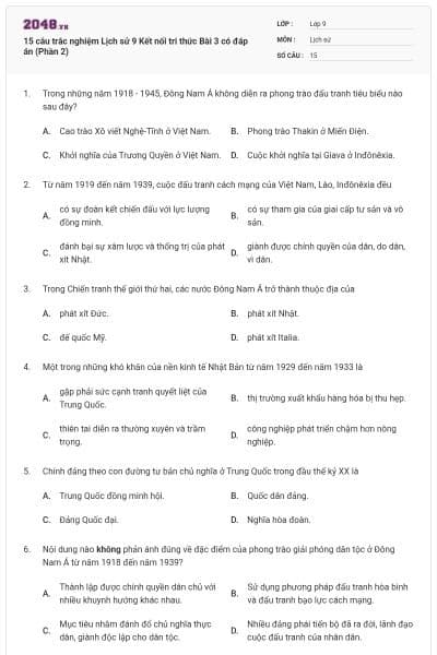 15 câu trắc nghiệm Lịch sử 9 Kết nối tri thức Bài 3 có đáp án (Phần 2)