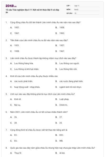 15 câu Trắc nghiệm Địa lí 11 Kết nối tri thức Bài 9 có đáp án