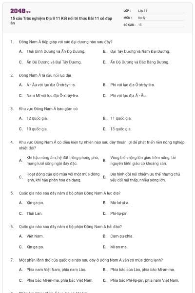 15 câu Trắc nghiệm Địa lí 11 Kết nối tri thức Bài 11 có đáp án