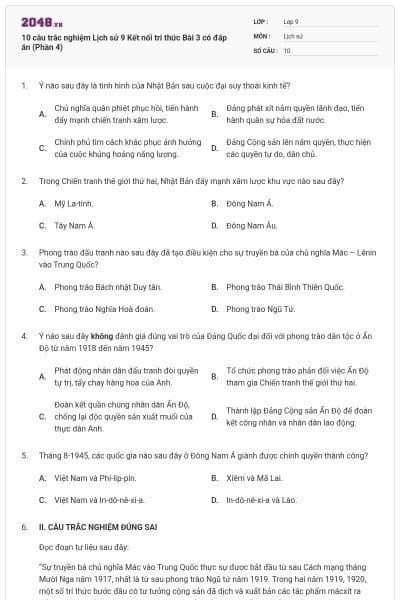 10 câu trắc nghiệm Lịch sử 9 Kết nối tri thức Bài 3 có đáp án (Phần 4)