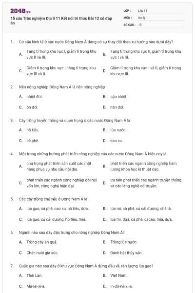 15 câu Trắc nghiệm Địa lí 11 Kết nối tri thức Bài 12 có đáp án