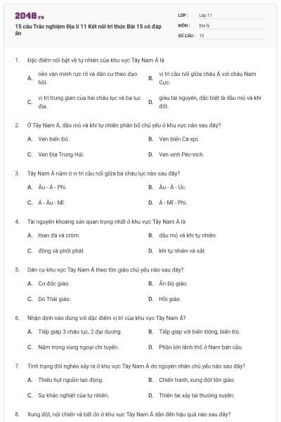 15 câu Trắc nghiệm Địa lí 11 Kết nối tri thức Bài 15 có đáp án