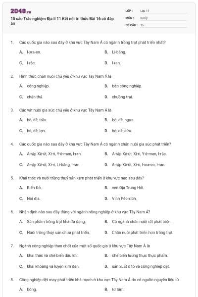 15 câu Trắc nghiệm Địa lí 11 Kết nối tri thức Bài 16 có đáp án
