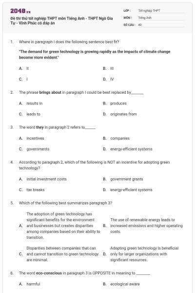 Đề thi thử tốt nghiệp THPT môn Tiếng Anh - THPT Ngô Gia Tự - Vĩnh Phúc có đáp án