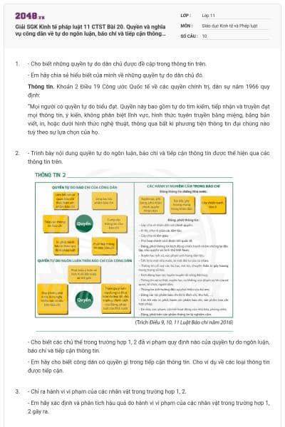 Giải SGK Kinh tế pháp luật 11 CTST Bài 20. Quyền và nghĩa vụ công dân về tự do ngôn luận, báo chí và tiếp cận thông tin có đáp án