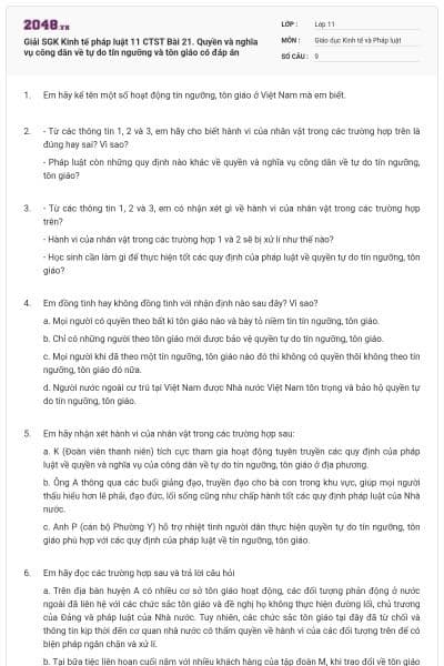 Giải SGK Kinh tế pháp luật 11 CTST Bài 21. Quyền và nghĩa vụ công dân về tự do tín ngưỡng và tôn giáo có đáp án