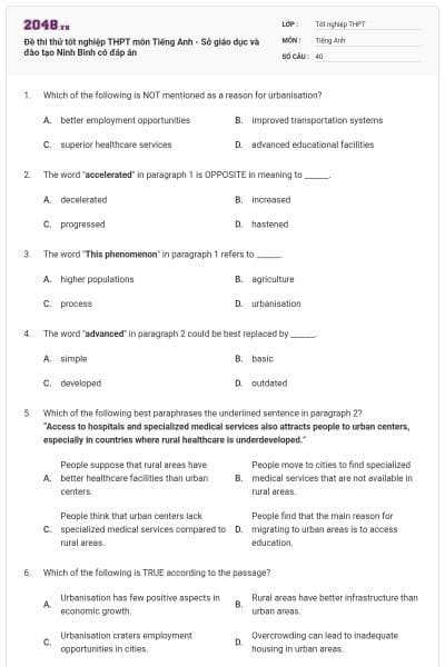 Đề thi thử tốt nghiệp THPT môn Tiếng Anh - Sở giáo dục và đào tạo Ninh Bình có đáp án