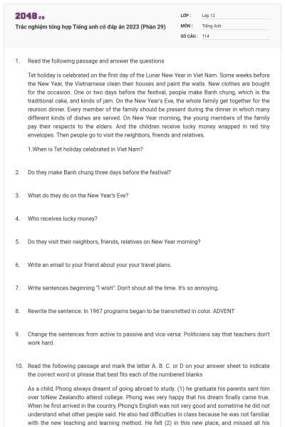 Trắc nghiệm tổng hợp Tiếng anh có đáp án 2023 (Phần 29)