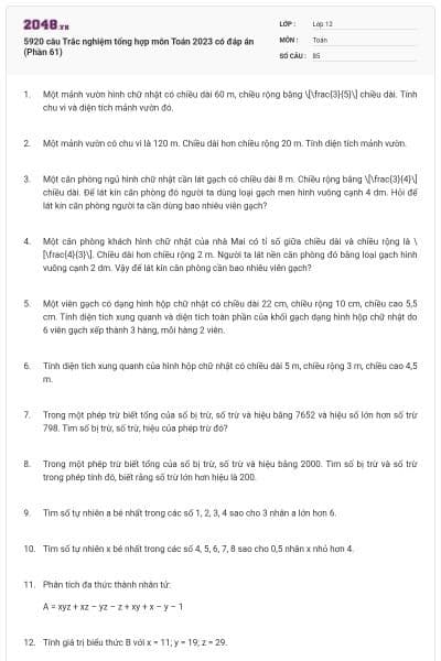 5920 câu Trắc nghiệm tổng hợp môn Toán 2023 có đáp án (Phần 61)