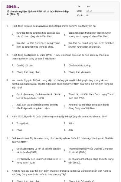 15 câu trắc nghiệm Lịch sử 9 Kết nối tri thức Bài 6 có đáp án (Phần 3)