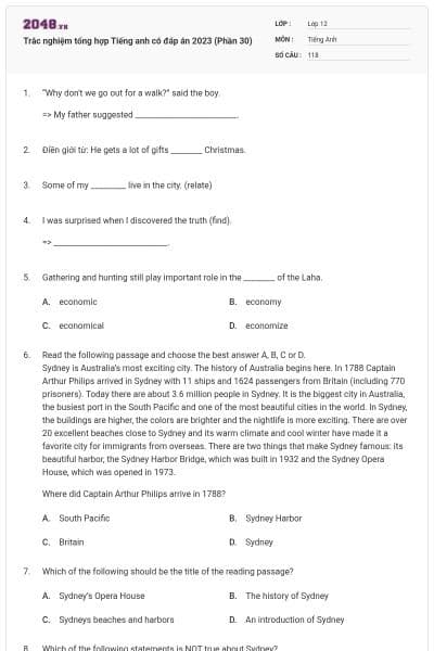 Trắc nghiệm tổng hợp Tiếng anh có đáp án 2023 (Phần 30)