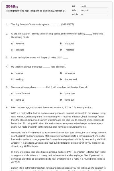 Trắc nghiệm tổng hợp Tiếng anh có đáp án 2023 (Phần 31)