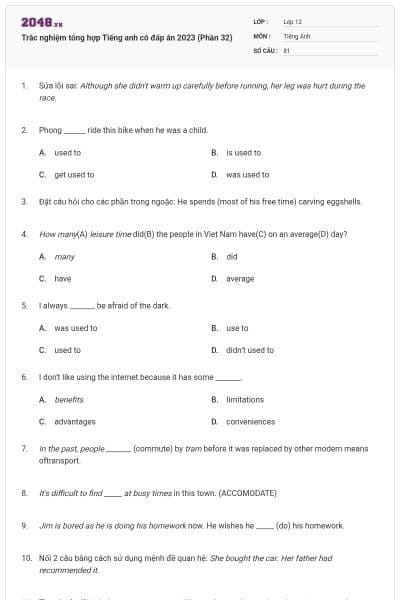 Trắc nghiệm tổng hợp Tiếng anh có đáp án 2023 (Phần 32)