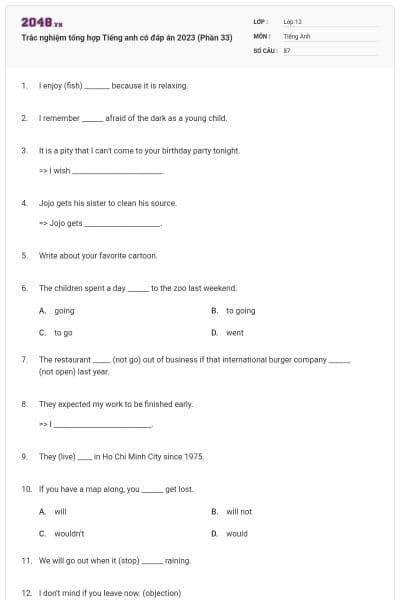 Trắc nghiệm tổng hợp Tiếng anh có đáp án 2023 (Phần 33)