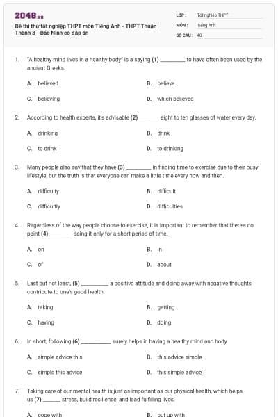 Đề thi thử tốt nghiệp THPT môn Tiếng Anh - THPT Thuận Thành 3 - Bắc Ninh có đáp án