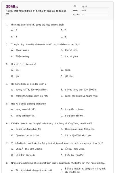 15 câu Trắc nghiệm Địa lí 11 Kết nối tri thức Bài 18 có đáp án