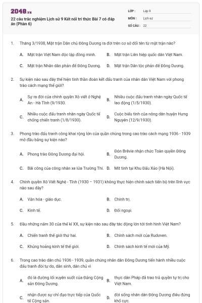 22 câu trắc nghiệm Lịch sử 9 Kết nối tri thức Bài 7 có đáp án (Phần 6)