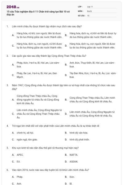 15 câu Trắc nghiệm Địa lí 11 Chân trời sáng tạo Bài 10 có đáp án