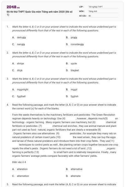 Đề thi thử THPT Quốc Gia môn Tiếng anh năm 2020 (Đề số 1)