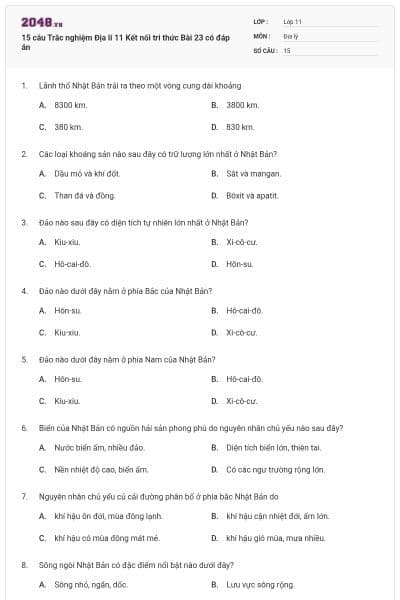 15 câu Trắc nghiệm Địa lí 11 Kết nối tri thức Bài 23 có đáp án