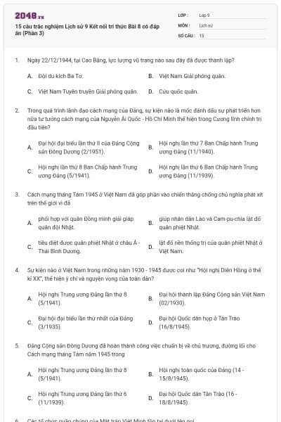 15 câu trắc nghiệm Lịch sử 9 Kết nối tri thức Bài 8 có đáp án (Phần 3)