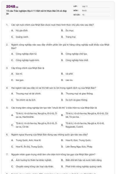 15 câu Trắc nghiệm Địa lí 11 Kết nối tri thức Bài 24 có đáp án