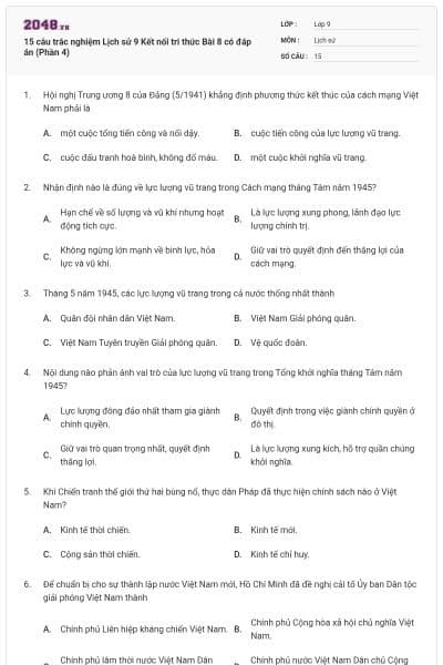 15 câu trắc nghiệm Lịch sử 9 Kết nối tri thức Bài 8 có đáp án (Phần 4)