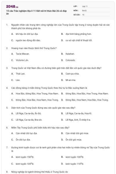 15 câu Trắc nghiệm Địa lí 11 Kết nối tri thức Bài 26 có đáp án