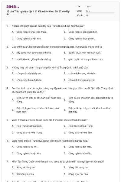 15 câu Trắc nghiệm Địa lí 11 Kết nối tri thức Bài 27 có đáp án