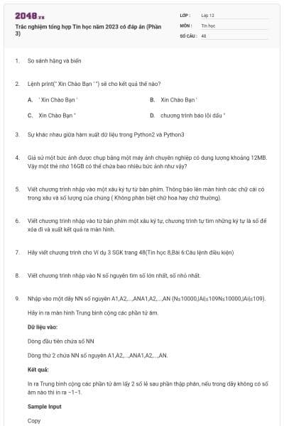 Trắc nghiệm tổng hợp Tin học năm 2023 có đáp án (Phần 3)