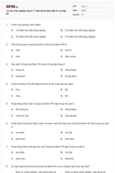 15 câu Trắc nghiệm Địa lí 11 Kết nối tri thức Bài 31 có đáp án