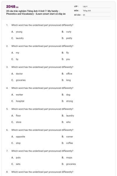 20 câu trắc nghiệm Tiếng Anh 4 Unit 7: My family - Phonetics and Vocabulary - iLearn smart start có đáp án