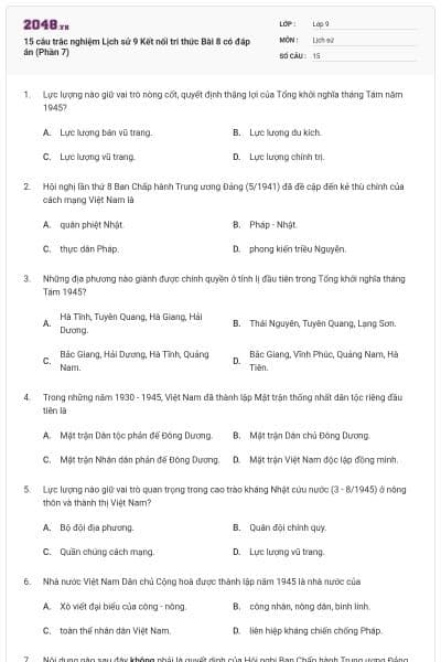 15 câu trắc nghiệm Lịch sử 9 Kết nối tri thức Bài 8 có đáp án (Phần 7)
