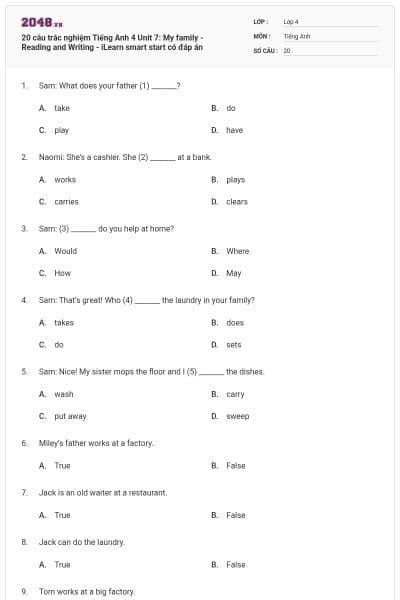 20 câu trắc nghiệm Tiếng Anh 4 Unit 7: My family - Reading and Writing - iLearn smart start có đáp án