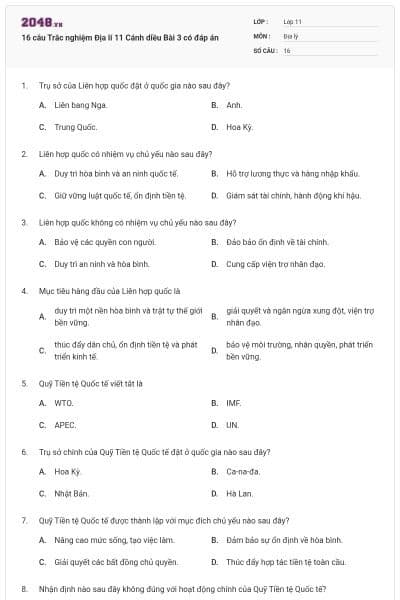 16 câu Trắc nghiệm Địa lí 11 Cánh diều Bài 3 có đáp án