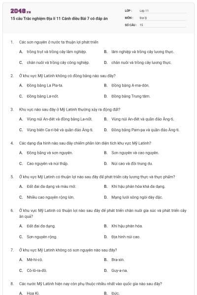 15 câu Trắc nghiệm Địa lí 11 Cánh diều Bài 7 có đáp án