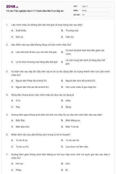 15 câu Trắc nghiệm Địa lí 11 Cánh diều Bài 9 có đáp án