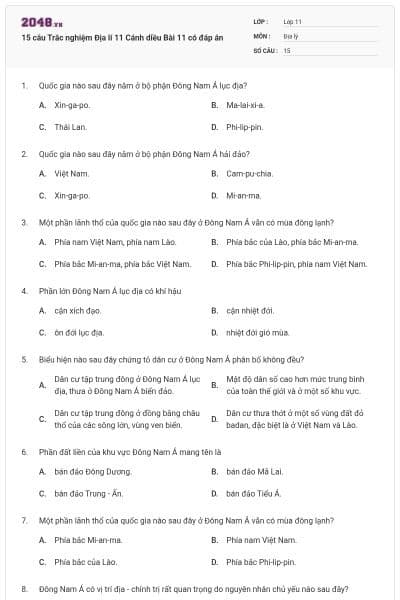 15 câu Trắc nghiệm Địa lí 11 Cánh diều Bài 11 có đáp án