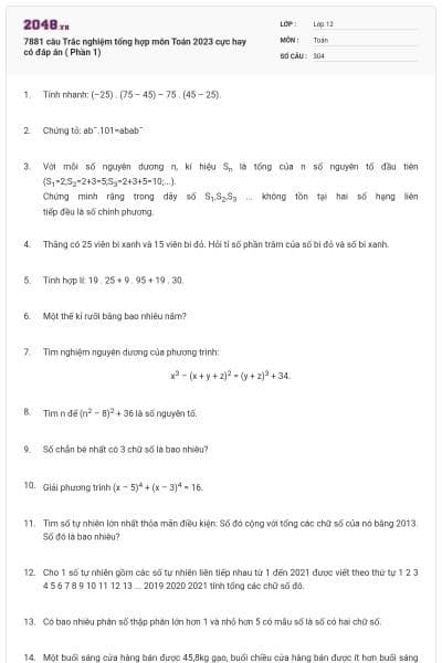 7881 câu Trắc nghiệm tổng hợp môn Toán 2023 cực hay có đáp án ( Phần 1)