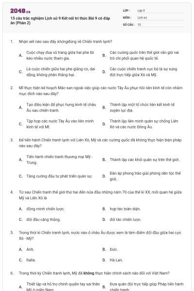 15 câu trắc nghiệm Lịch sử 9 Kết nối tri thức Bài 9 có đáp án (Phần 2)
