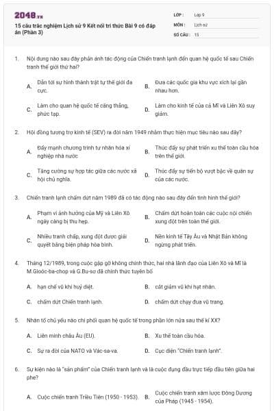 15 câu trắc nghiệm Lịch sử 9 Kết nối tri thức Bài 9 có đáp án (Phần 3)