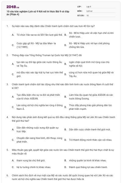 10 câu trắc nghiệm Lịch sử 9 Kết nối tri thức Bài 9 có đáp án (Phần 4)