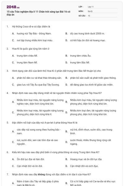15 câu Trắc nghiệm Địa lí 11 Chân trời sáng tạo Bài 16 có đáp án
